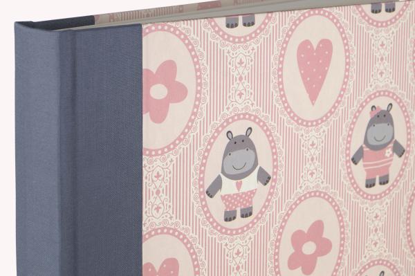 Photo album cute, for children, hippos and hearts pink, linen spine grey